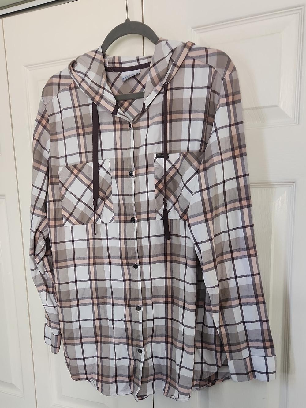 Columbia Hooded Plaid Button-Down Shirt - White, Tan & Brown
